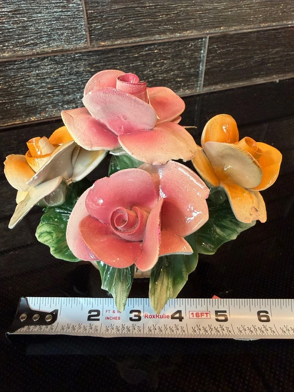 Vintage Capodimonte Italy Porcelain Pink Yellow Rose Flower Basket Centerpiece